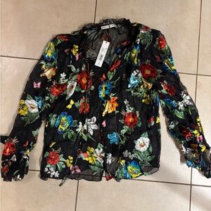 Alice and Olivia Black Floral Silk Top